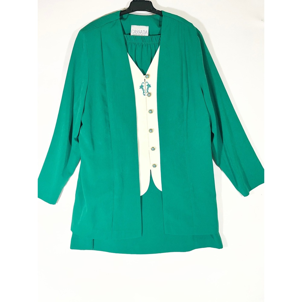 VTG Cassada Women 2 Piece Suit‎ Set Jacket Skirt Formal Emerald Green Sz 14 1/2